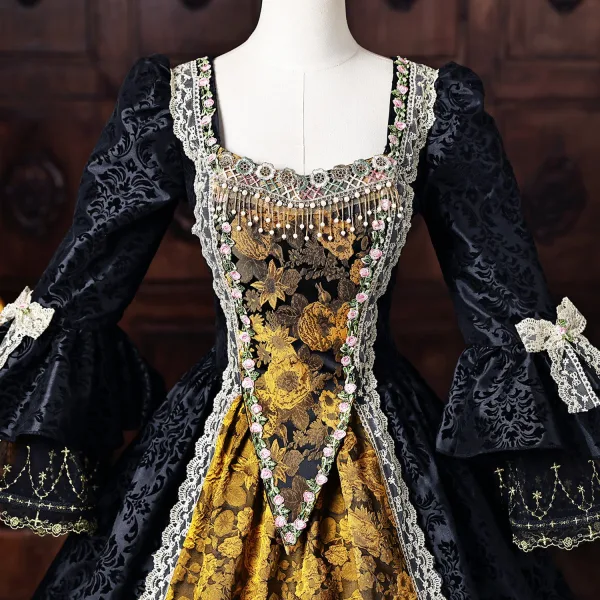 Vintage / Retro Medieval Black Halloween Lace Flower Printing Bow Prom Dresses 2026 Ball Gown Square Neckline Bell sleeves Floor-Length / Long Formal Dresses