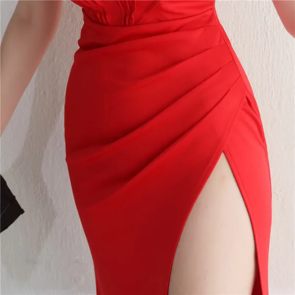 Chic / Beautiful White Split Front Evening Dresses 2024 Trumpet / Mermaid Off-The-Shoulder Sleeveless Backless Floor-Length / Long Evening Party Formal Dresses