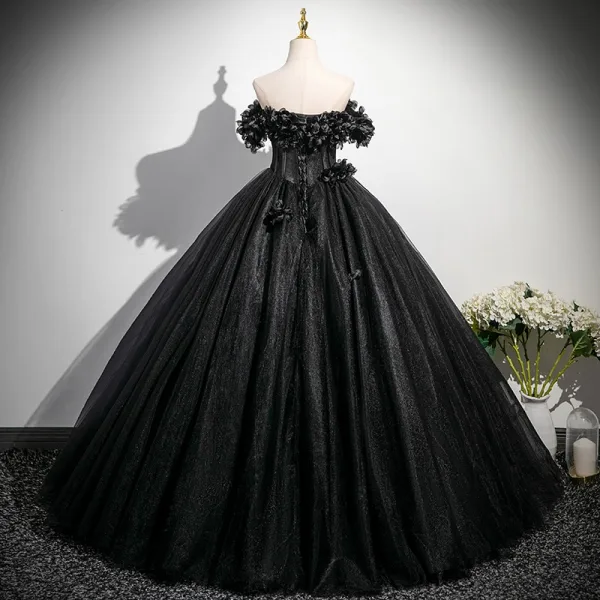 Elegant Black Appliques Prom Dresses 2025 Ball Gown Off-The-Shoulder Short Sleeve Backless Floor-Length / Long Formal Dresses