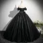Elegant Black Appliques Prom Dresses 2025 Ball Gown Off-The-Shoulder Short Sleeve Backless Floor-Length / Long Formal Dresses