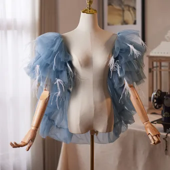 Fashion Sky Blue Handmade Feather Ruffle Shawl Prom Tulle 2026