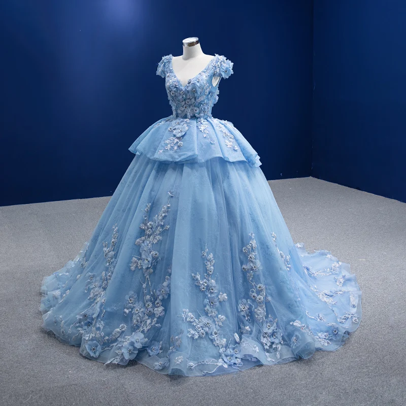 Luxury Gorgeous Pool Blue Rhinestone Lace Flower Appliques Prom Dresses 2022 Ball Gown