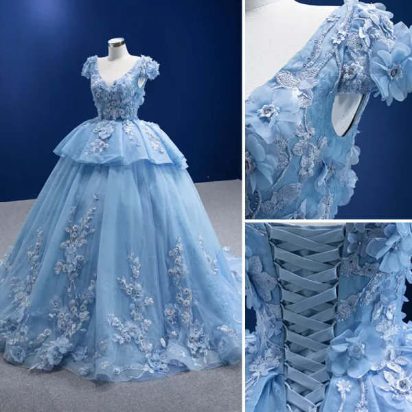 Luxury / Gorgeous Pool Blue Rhinestone Lace Flower Appliques Prom Dresses 2022 Ball Gown V-Neck Short Sleeve Backless Floor-Length / Long Formal Dresses