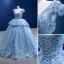 Luxury / Gorgeous Pool Blue Rhinestone Lace Flower Appliques Prom Dresses 2022 Ball Gown V-Neck Short Sleeve Backless Floor-Length / Long Formal Dresses