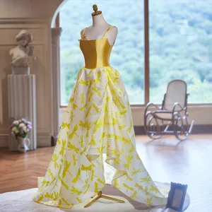 Mode Jaune Princesse Robe De Bal 2024 Bretelles Spaghetti Sans Manches Dos Nu Train De Balayage Promo Robe De Ceremonie