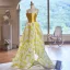 Fashion Yellow A-Line / Princess Prom Dresses 2024 Spaghetti Straps Sleeveless Backless Sweep Train Prom Formal Dresses