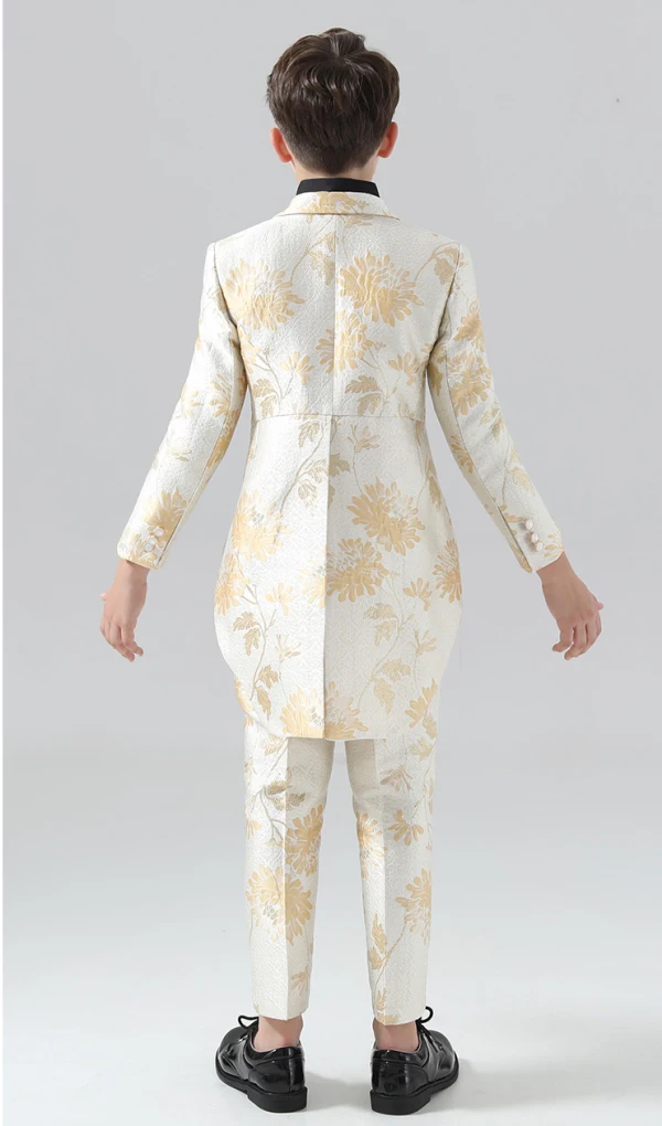 Fashion Yellow Printing 5-piece Long Sleeve Boys Wedding Suits 2024 Coat Pants Shirt Tie Vest