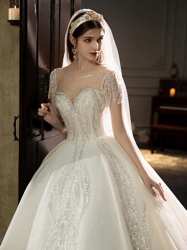 High-end Ivory Beading Pearl Rhinestone Sequins Wedding Dresses 2022 Ball Gown Scoop Neck Short Sleeve Backless Royal Train Wedding