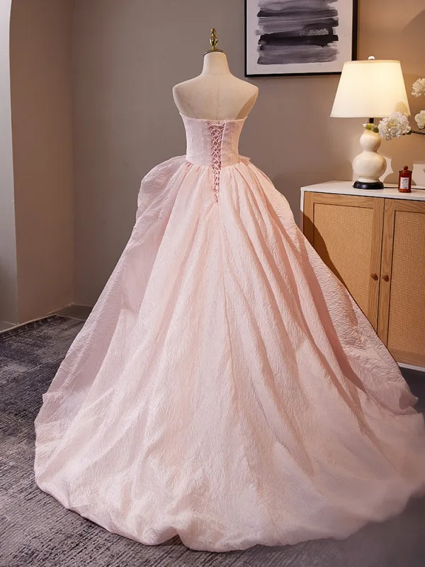 Fashion Blushing Pink Flower Prom Dresses 2024 Ball Gown Strapless Sleeveless Backless Sweep Train Prom Formal Dresses