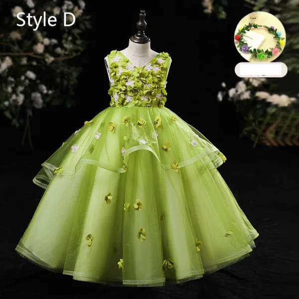 Flower Fairy Sage Green Appliques Birthday Flower Girl Dresses 2024 Ball Gown V-Neck Bell sleeves Floor-Length / Long