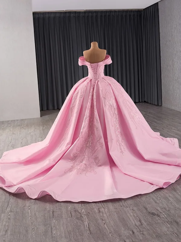 Schön Rosa Handgefertigt Strass Pailletten Brautkleider / Hochzeitskleider 2024 Ballkleid Off Shoulder Kurze Ärmel Rückenfreies Kapelle-Schleppe Hochzeit