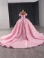 Schön Rosa Handgefertigt Strass Pailletten Brautkleider / Hochzeitskleider 2024 Ballkleid Off Shoulder Kurze Ärmel Rückenfreies Kapelle-Schleppe Hochzeit