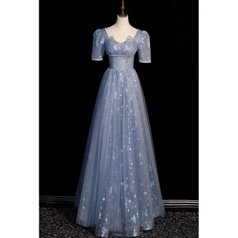 Chic Belle Bleu Ciel Papillon Paillettes Robe De Bal 2023 Princesse Encolure Carrée Perle Manches Courtes Dos Nu Longue Promo Robe De Ceremonie