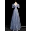 Chic / Beautiful Sky Blue Butterfly Sequins Prom Dresses 2023 A-Line / Princess Square Neckline Pearl Short Sleeve Backless Floor-Length / Long Prom Formal Dresses