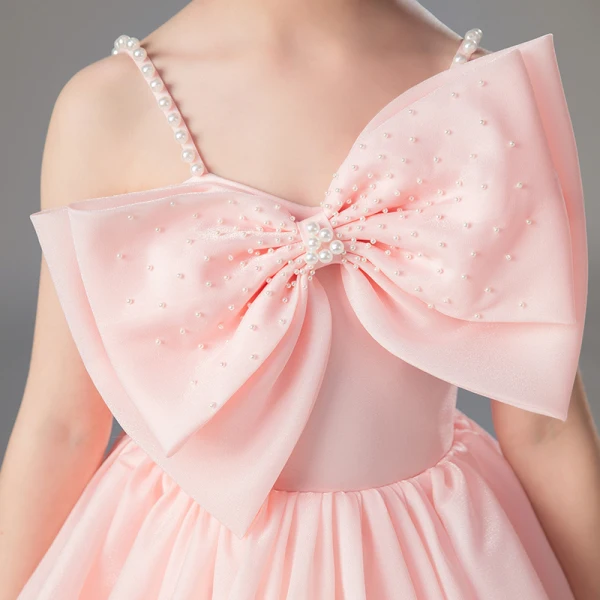 Lovely Blushing Pink Birthday Flower Girl Dresses 2022 Ball Gown Spaghetti Straps Sleeveless Backless Pearl Bow Floor-Length / Long Flower Girl Dresses