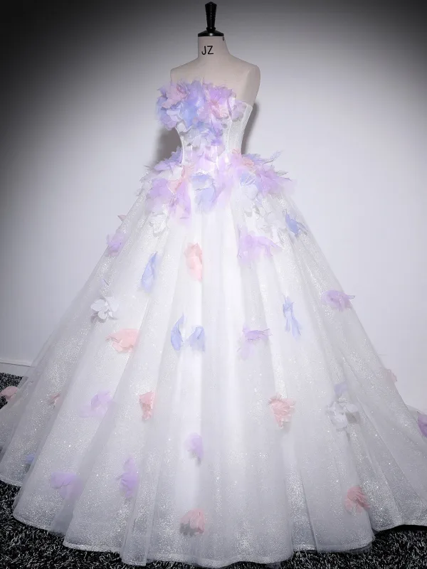 Flower Fairy Multi-Colors Appliques White Prom Dresses 2025 Ball Gown Strapless Sleeveless Backless Court Train Formal Dresses