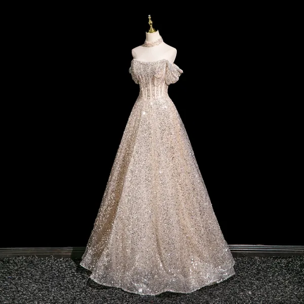Glitzernden Charmant Champagner Perlenstickerei Strass Pailletten Abendkleider 2025 A Linie Off Shoulder Kurze Ärmel Rückenfreies Lange Festliche Kleider