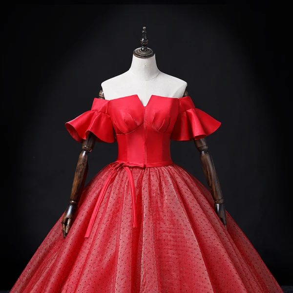 Elegant Red Spotted Prom Dresses 2022 Ball Gown Off-The-Shoulder Bell sleeves Backless Bow Sash Floor-Length / Long Formal Dresses