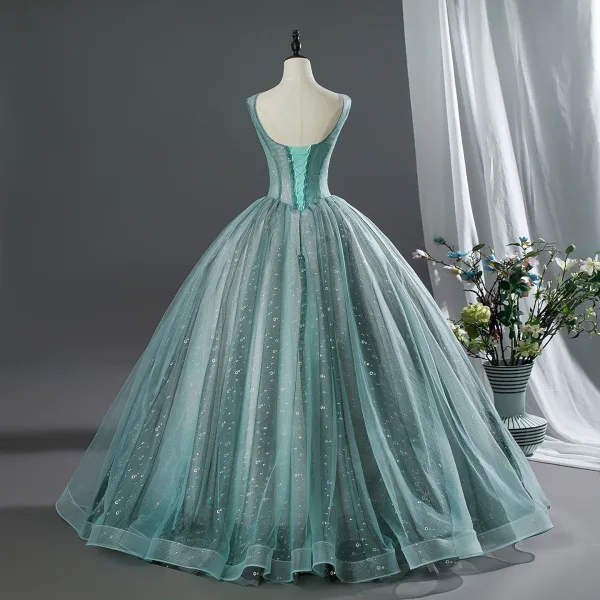 Vintage / Retro Mint Green Beading Appliques Prom Dresses 2026 Ball Gown Scoop Neck Sleeveless Backless Floor-Length / Long Formal Dresses