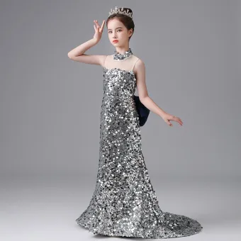 Sparkly Silver Sequins Birthday Flower Girl Dresses 2025 Trumpet Mermaid High Neck Sleeveless Bow Sweep Train