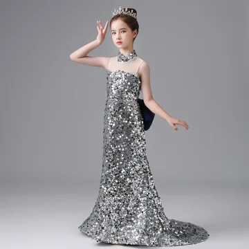 Sparkly Silver Sequins Birthday Flower Girl Dresses 2025 Trumpet Mermaid High Neck Sleeveless Bow Sweep Train