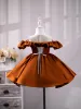 Vintage / Retro Brown Ruffle Birthday Flower Girl Dresses 2024 Ball Gown Off-The-Shoulder Bow Sleeveless Short Satin