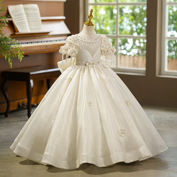 Y2K-Inspired Ivory Beading Crystal Appliques Birthday Flower Girl Dresses 2026 Ball Gown Scoop Neck Short Sleeve Bow