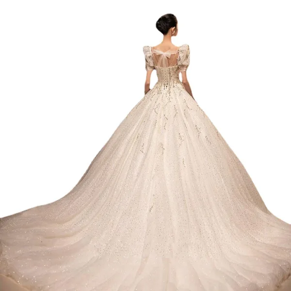 Luxury / Gorgeous Charming Beading Rhinestone Sequins White Wedding Dresses 2023 Ball Gown Scoop Neck Short Sleeve Backless Bow Royal Train Wedding