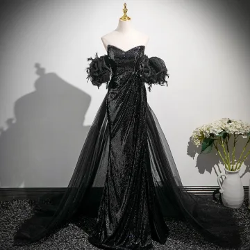 Sparkly Black Tassel Sequins Split Front Evening Dresses 2025 Trumpet Mermaid Off The Shoulder Short Sleeve Backless Sweep Train Formal Dresses