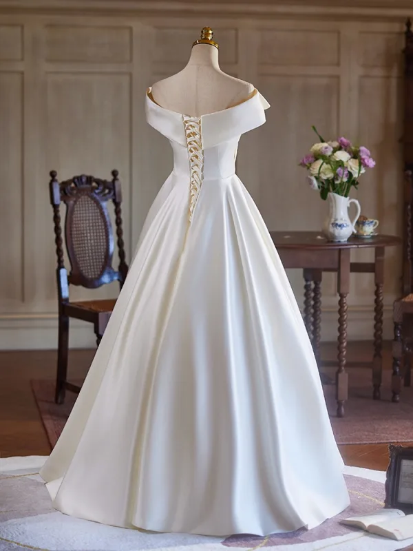 elegant white dress for wedding White A-Line Lace Wedding Dress with Slit - Backless Bridal Gown