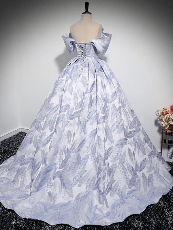 Elegant Lavender Cascading Ruffles Satin Prom Dresses 2024 Ball Gown Off-The-Shoulder Short Sleeve Backless Sweep Train Prom Formal Dresses