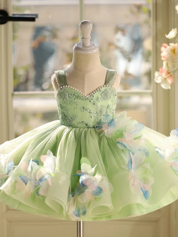 Chic / Beautiful Sage Green Pearl Sequins Appliques Short Birthday Flower Girl Dresses 2026 Ball Gown Spaghetti Straps Sleeveless Backless Tulle