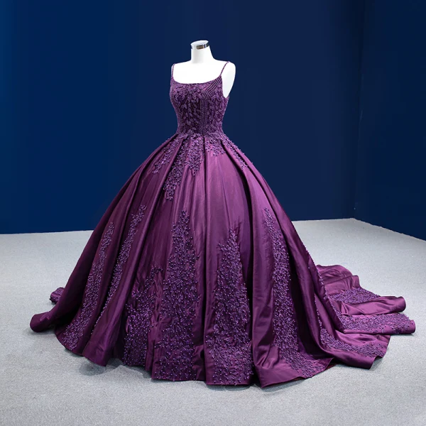 Vintage / Retro High-end Purple Beading Flower Lace Prom Dresses 2022 Ball Gown Spaghetti Straps Sleeveless Backless Court Train Prom Formal Dresses