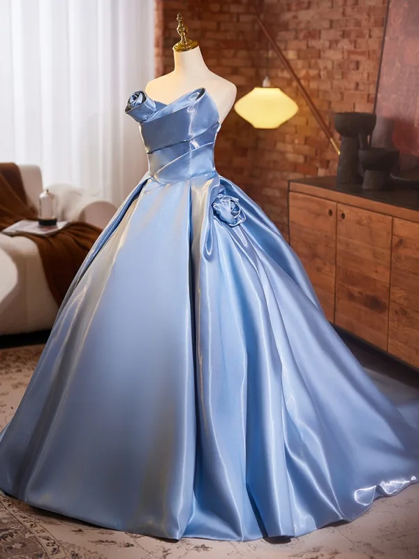 Elegant Sky Blue Prom Dresses 2024 Ball Gown Strapless Sleeveless Backless Sweep Train Prom Formal Dresses