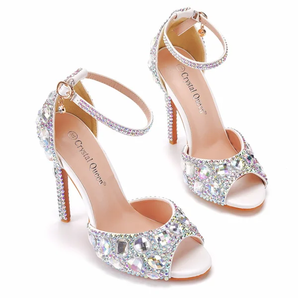 Charmant Weiß Multifarben Strass Brautschuhe 2022 Knöchelriemen 11 cm Stilettos Peeptoes Hochzeit Sandaletten Hochhackige