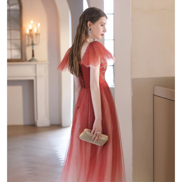 Chic / Belle Dégradé De Couleur Bordeaux Perlage Paillettes Robe De Bal 2023 Princesse Encolure Carrée Manches Courtes Dos Nu Longue Promo Robe De Ceremonie