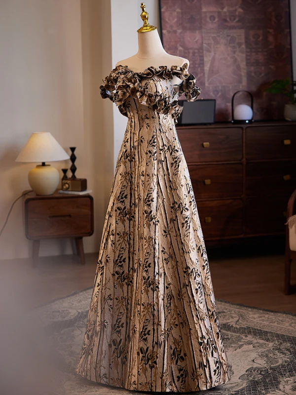 Vintage / Retro Brown Printing Prom Dresses 2024 A-Line / Princess Off-The-Shoulder Sleeveless Backless Floor-Length / Long Prom Formal Dresses