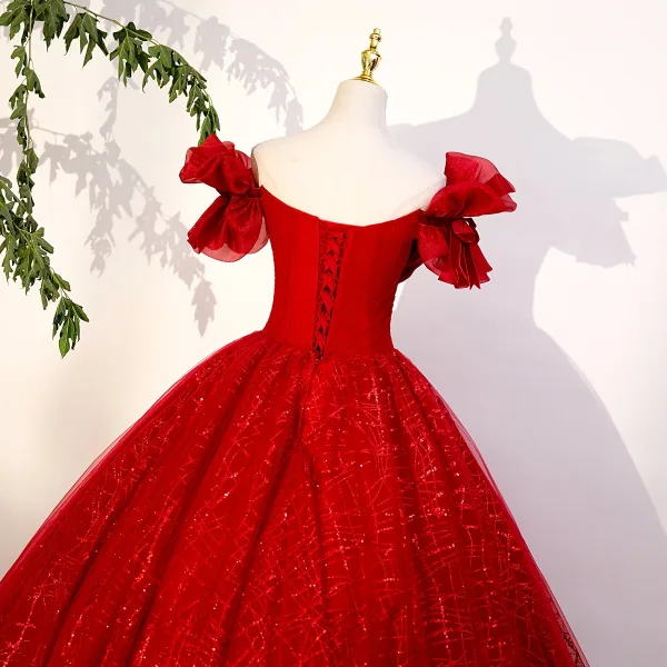 Élégant Rouge Perlage Paillettes Noeud Robe De Bal 2023 Robe Boule De l'épaule Manches Courtes Dos Nu Longue Promo Robe De Ceremonie