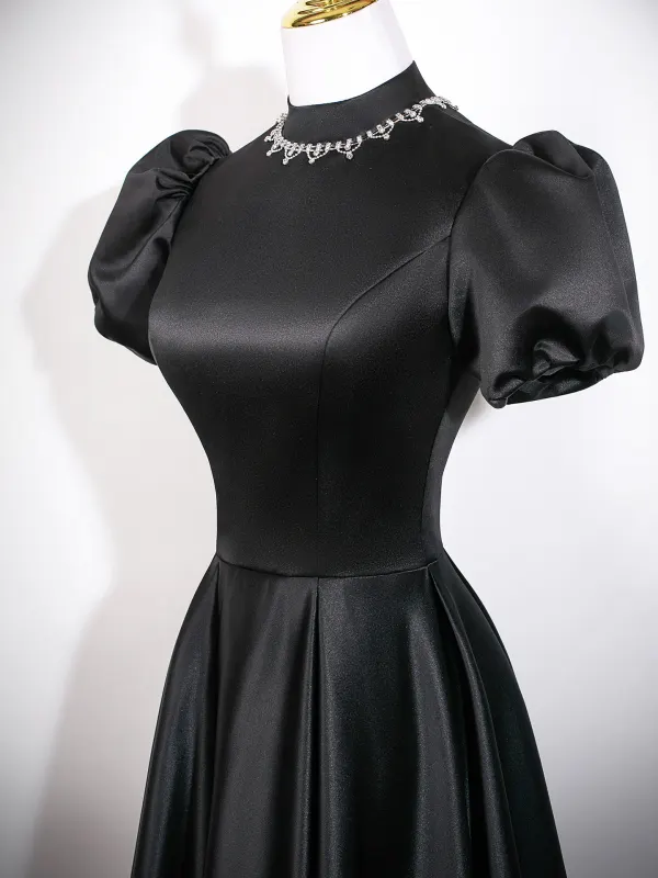 Audrey Hepburn-Stil Schwarz Ballkleider 2026 A Linie Stehkragen Geschwollenes Kurze Ärmel Rückenfreies Lange Festliche Kleider