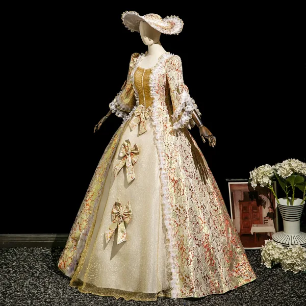 Vintage / Retro Medieval Gold Printing Bow Lace Flower Prom Dresses 2025 Ball Gown Square Neckline Bell sleeves Floor-Length / Long Formal Dresses