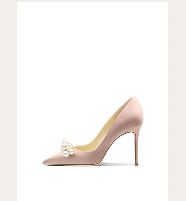 Elegant Champagne Pearl Wedding Shoes 2024 Leather 10 cm Stiletto Heels Pointed Toe Wedding Pumps High Heels