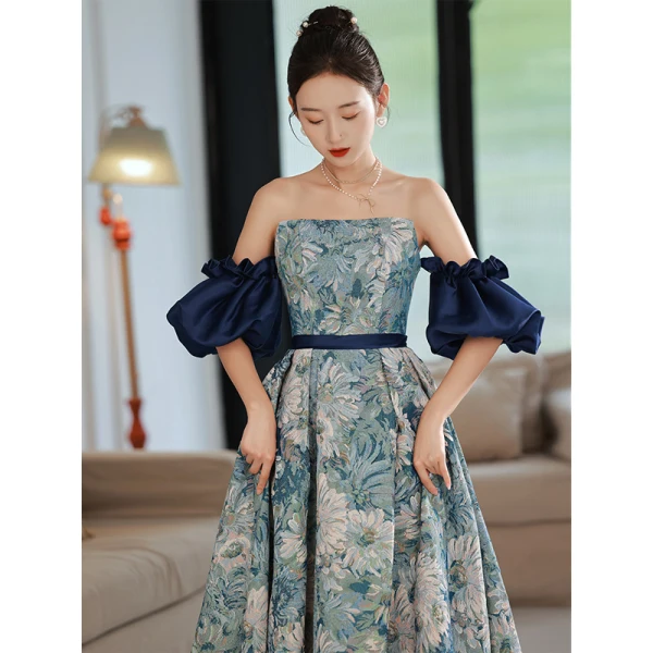 Vintage / Retro Ocean Blue Printing Prom Dresses 2022 A-Line / Princess Strapless Short Sleeve Backless Sash Floor-Length / Long Formal Dresses