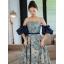 Vintage / Retro Ocean Blue Printing Prom Dresses 2022 A-Line / Princess Strapless Short Sleeve Backless Sash Floor-Length / Long Formal Dresses