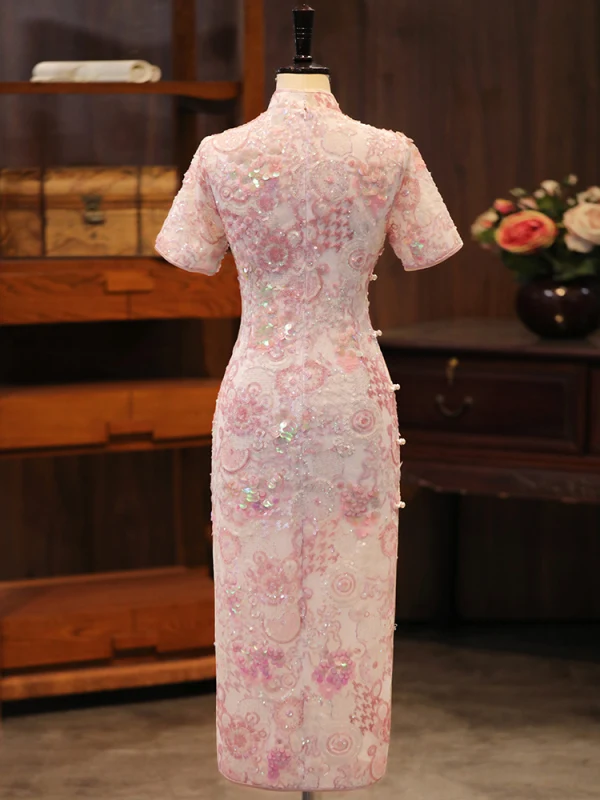 Bling Bling Blushing Pink Lace Sequins Evening Party Cheongsam 2024 Trumpet / Mermaid High Neck Short Sleeve Tea-length