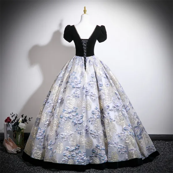 Elegant Black Printing Velvet Prom Dresses 2025 Ball Gown Square Neckline Puffy Short Sleeve Backless Floor-Length / Long Formal Dresses