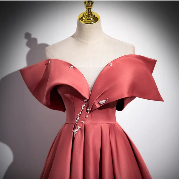 Elegant Watermelon Pearl Satin Prom Dresses 2024 Ball Gown Off-The-Shoulder Short Sleeve Backless Floor-Length / Long Prom Formal Dresses