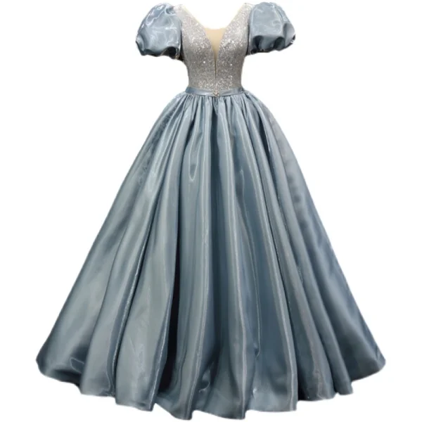 Chic / Beautiful Sky Blue Sequins Prom Dresses 2023 Ball Gown Satin Scoop Neck Puffy Short Sleeve Backless Rhinestone Sash Floor-Length / Long Prom Formal Dresses