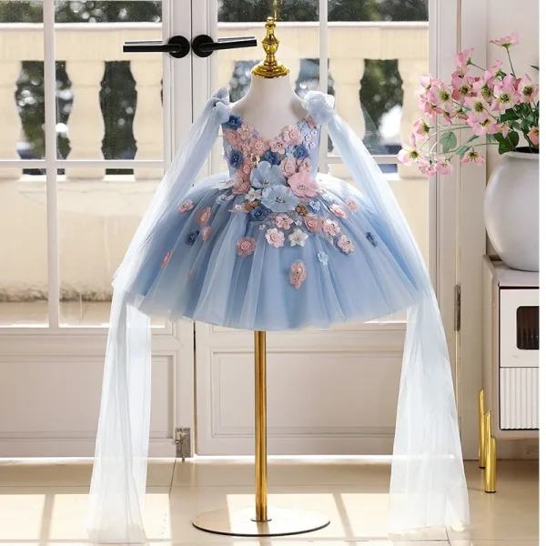 Chic / Beautiful Sky Blue Lace Flower Appliques Birthday Short Flower Girl Dresses 2025 Ball Gown V-Neck Sleeveless