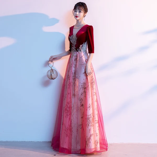 Chic / Beautiful Burgundy Beading Sequins Prom Dresses 2024 A-Line / Princess Scoop Neck 1/2 Sleeves Backless Floor-Length / Long Prom Formal Dresses