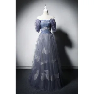 Charming Ocean Blue Beading Pearl Sequins Evening Dresses 2022 A Line Princess Off The Shoulder Short Sleeve Backless Floor Length Long Prom Formal Dresses